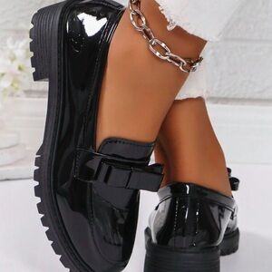 New Look Glossy Black Loafers with Bow